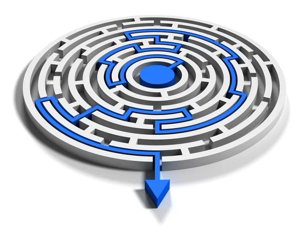 Labyrinthe rond avec sortie flèche bleue vers le bas — Photo