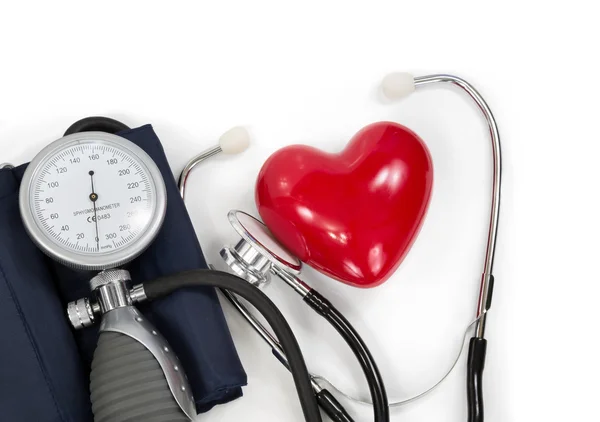 Sphygmomanometer with heart and stethoscope — Stock Photo, Image