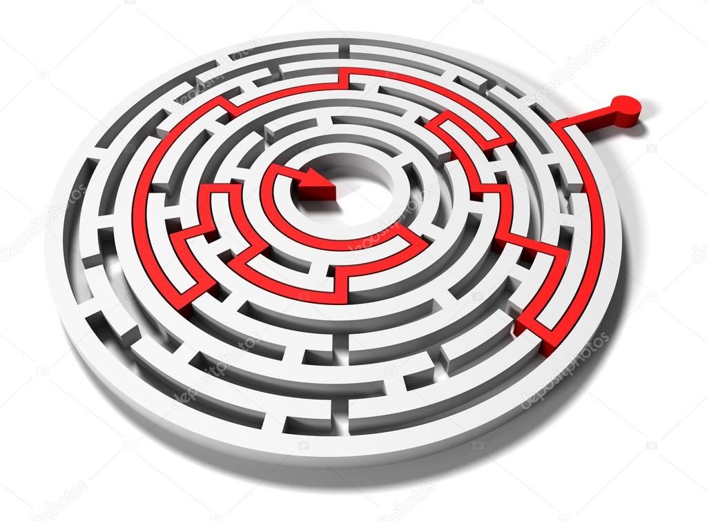 Round maze with red arrow in goal