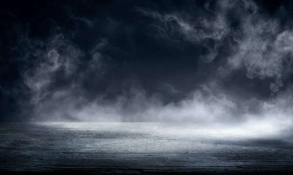 Brouillard Dans Obscurité Fumée Déconcentrée Abstraite Sur Une Table Bois — Photo