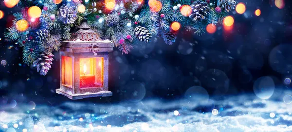 Christmas Lantern Night Snow Fir Branch — Stock Photo, Image