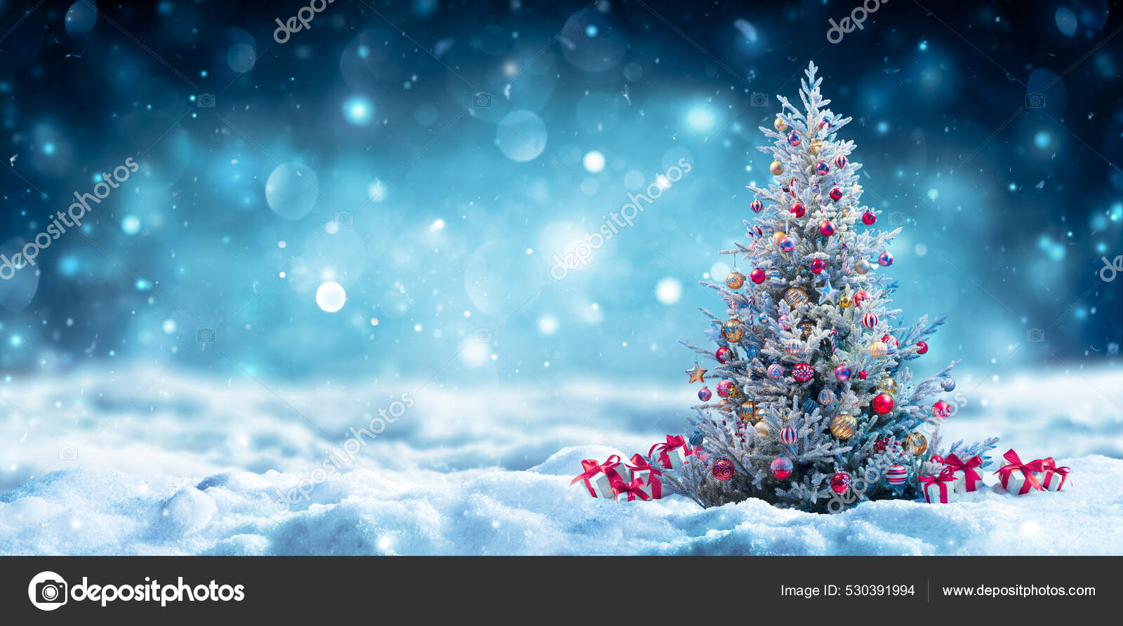 Juletre Med Gave Snø Natten Snowy Abstrakt Landskap – stockfoto © rfphoto  #530391994, image size:1600x893