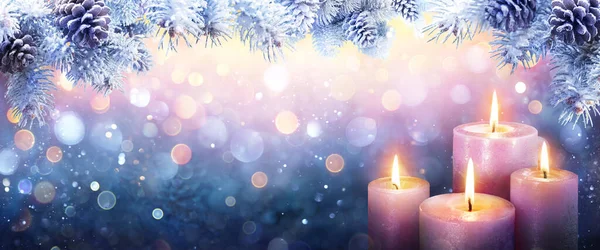 Advent Four Purple Candles Fir Branches Bokeh Lights — Stock Photo, Image