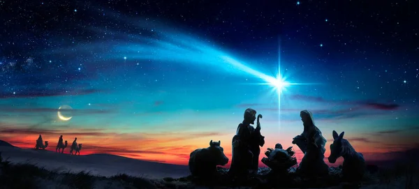 Natividad Jesús Escena Con Sagrada Familia Bajo Estrella Del Cometa — Foto de Stock