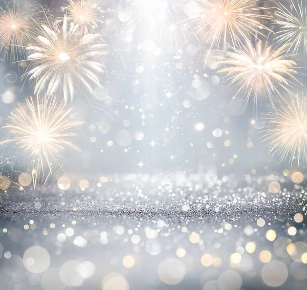 Silver Celebration Fireworks Glitter New Year Anniversary Defocused Abstract Lights — Fotografia de Stock