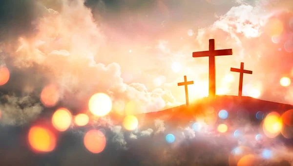 Crucifixion Crosses Sunset Abstract Defocused Bokeh Lights — Stock Photo, Image