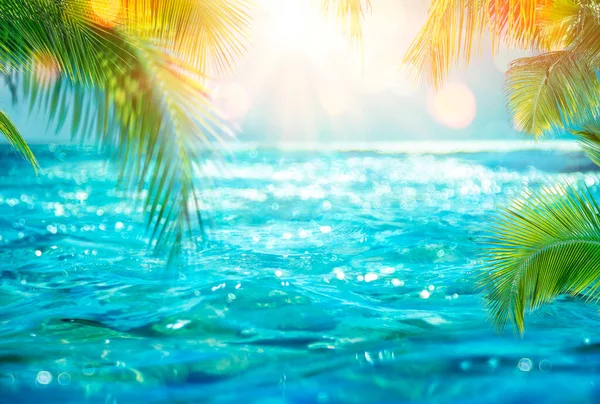 Abstract Summer Blurred Sea Leaves Palm Defocused Bokeh Lights Ocean — Fotografia de Stock