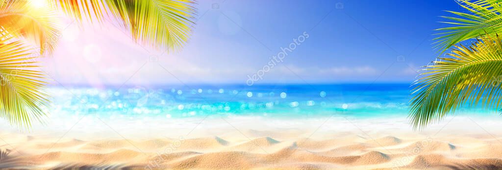 Summer And Sea With Blurred Leaves Palm And Defocused Bokeh Light On Sea - Golden Sand In Abstract Landscape