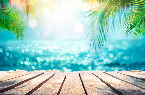 Summer Table Sea Blurred Leaves Palm Defocused Bokeh Light Ocean – stockfoto