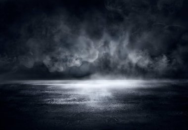 Fog On Cement With Defocused Smoke In Halloween Dark Background