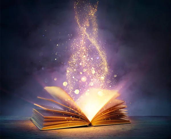 Magic Book Open Pages Abstract Lights Shining Darkness Literature Fairytale — Stock Photo, Image