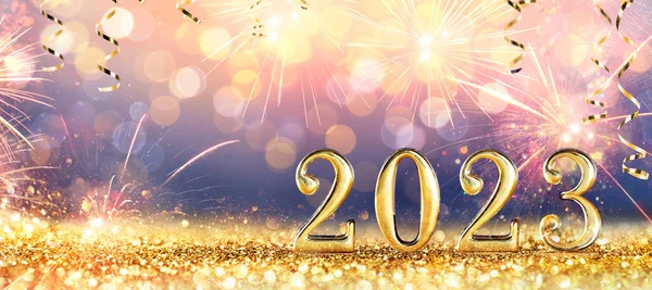 2023 Gouden Cijfers Glitter Met Vuurwerk Nieuwjaarsviering Met Abstracte Gedecentraliseerde — Stockfoto