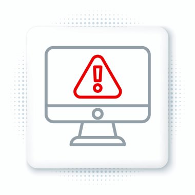 Beyaz arkaplanda ünlem simgesi izole edilmiş çizgi bilgisayar monitörü. Uyarı mesajı akıllı telefon uyarısı. Renkli taslak konsepti. Vektör