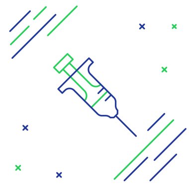 Beyaz arkaplanda çizgi şırıngası simgesi izole edildi. Aşı için şırınga, aşı, iğne, grip aşısı. Tıbbi ekipman. Renkli taslak konsepti. Vektör