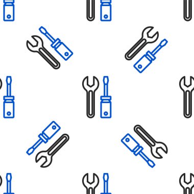 Çizgi Tornavida ve İngiliz anahtarı anahtar araçları simgesi beyaz arkaplanda izole edilmiş pürüzsüz desen. Servis aracı sembolü. Renkli taslak konsepti. Vektör