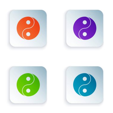 Beyaz arkaplanda izole edilmiş Yin Yang sembolü ve denge simgesi. Kare düğmelere renkli simgeleri yerleştir. Vektör