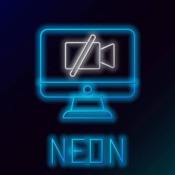 Gloeiende neon lijn Videocamera uitgeschakeld op computerpictogram geïsoleerd op zwarte achtergrond. Geen video. Kleurrijk concept. Vector — Stockvector