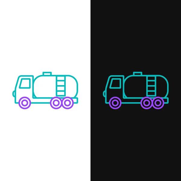 Line Tanker Truck Symbol isoliert auf weißem und schwarzem Hintergrund. Öltanker, Benzin-LKW, Zisterne, Öl-Anhänger. Buntes Rahmenkonzept. Vektor — Stockvektor