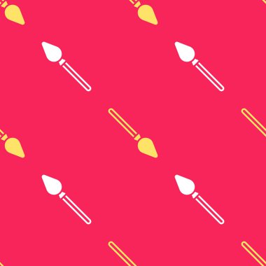 Sarı süpürge sapı simgesi kırmızı arkaplanda izole edilmiş kusursuz desen. Temizlik hizmeti konsepti. Vektör