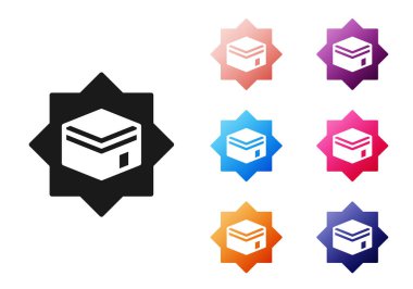 Beyaz arkaplanda Siyah Kabe camisi simgesi var. Kabe 'deki hac ibadeti Ramazan-ı İslam camii. Simgeleri renklendirin. Vektör