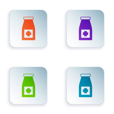 Renkli ilaç şişesi ve beyaz arka planda izole edilmiş hap ikonu. Şişe hapı işareti. Eczane tasarımı. Kare düğmelere renkli simgeleri yerleştir. Vektör