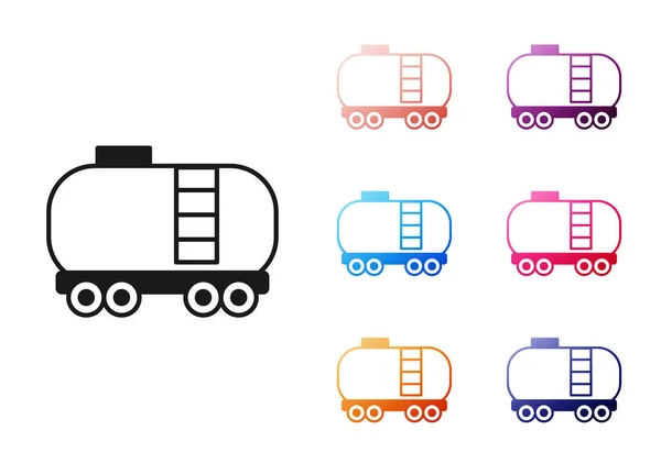 Черная нефть железнодорожная цистерна значок изолирован на белом фоне. Поезд нефтяной бак на железнодорожном вагоне. Железнодорожный груз. Нефтяная промышленность. Набор иконок красочный. Вектор — стоковый вектор