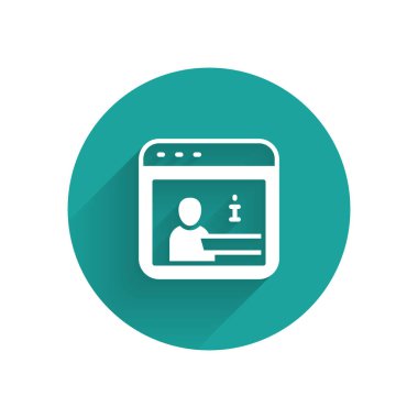 Beyaz Bilgi simgesi uzun gölge arkaplanı ile izole edildi. Yeşil daire düğmesi. Vektör