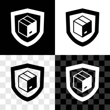 Siyah beyaz, şeffaf arkaplanda izole edilmiş kalkan simgesiyle teslimat güvenliğini ayarlayın. Teslimat sigortası. Kalkanın ötesinde sigorta kutuları var. Vektör