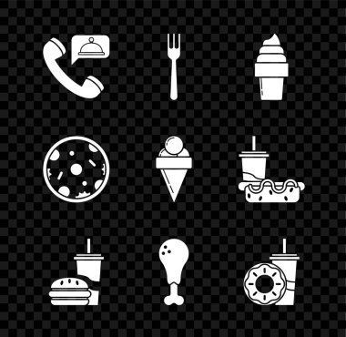 Yemek siparişi, çatal, dondurma külahı, kamış ve burger, tavuk budu, çörek, pizza ve ikon içeren kağıt bardak. Vektör