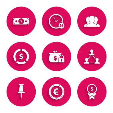 Kilitli cüzdan, bozuk para euro sembolü, iyi iş için ödül, proje ekibi tabanı, pin, dolar, kullanıcı grubu ve kağıt para ikonu. Vektör
