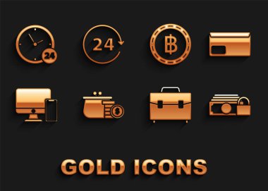 Cüzdanı bozuk para, zarf, para kilidi, evrak çantası, bilgisayar monitörü ve cep telefonu, Kripto para birimi Bitcoin, saat 24 saat ve simge ile ayarla. Vektör
