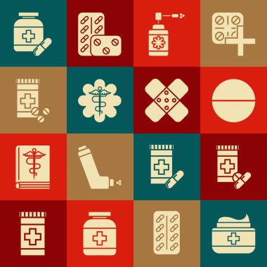 Merhem kremi tüpü ilacı, ilaç şişesi, hap ya da tablet, hortum spreyi, acil durum yıldızı tıbbi sembolü Caduceus yılan sopası ve çapraz bandaj alçı ikonu. Vektör