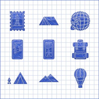 Set Smartphone with electronic boarding pass airline ticket, Tourist tent wood fire, Infographic of city map navigation, Globe flying plane and Postal stamp and Eiffel tower icon. Vector vector