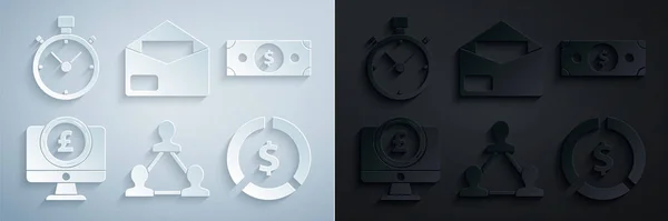 Proje ekibi tabanı, deste kağıt para, Sterling sembollü bilgisayar monitörü, Bozuk Para Doları, Envelope ve Stopwatch simgesi. Vektör — Stok Vektör