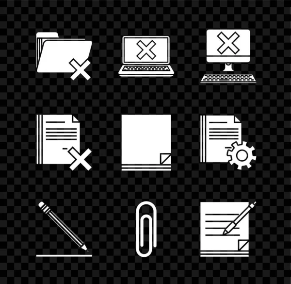 Delete folder, Laptop 및 cross mark on screen, Computer with keykey x, Pencil eraser line, Paper clip, Blank notebook pen, file document, File icon. Vector — 스톡 벡터