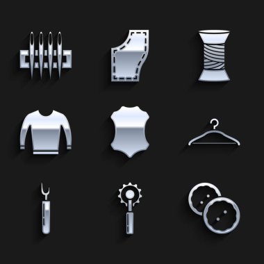 Deri, kesme aleti, elbise için dikiş düğmesi, elbise dolabı, süveter, iplik makarası ve iğne dikiş ikonu. Vektör