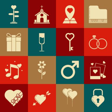 Castle 'ı kalp şeklinde ayarla, iki boş fotoğraf çerçevesi ve kalp, alyans, harita işaretleyicisi, cam şampanya, hediye kutusu, işaret direği ve anahtar ikonu. Vektör