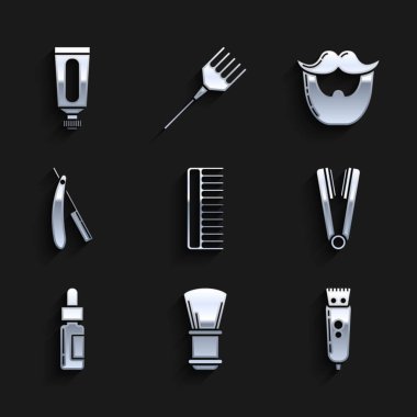 Saç fırçası, tıraş makinesi, tıraş makinesi ya da tıraş makinesi, saç maşası, saç maşası, pipetli cam şişe, usturası, bıyığı, sakalı ve krem losyonu ikonu. Vektör