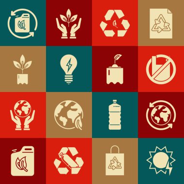 Güneş enerjisi panelini, Dünya Gezegeni 'ni ve geri dönüşüm kutusunu plastik poşet posterine, geri dönüşüm sembolü yaprağına yıldırımlı ampule, bitki şişesine, biyoyakıt tüpüne ve filizlenme ikonuna hayır de. Vektör