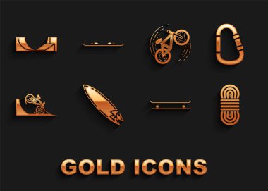 Sörf tahtası, Karabinalı, tırmanma halatı, kaykay, sokak rampasında bisiklet, numara, park ve Snowboard simgesi. Vektör