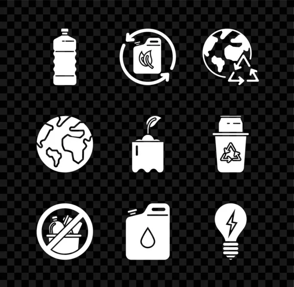 Set Plastové láhve, Bio palivové nádoby, Planet Země a recyklace, Žádný koš, Nádoba na benzin, Žárovka se symbolem blesku, Země zeměkoule a klíček ikona. Vektor — Stockový vektor