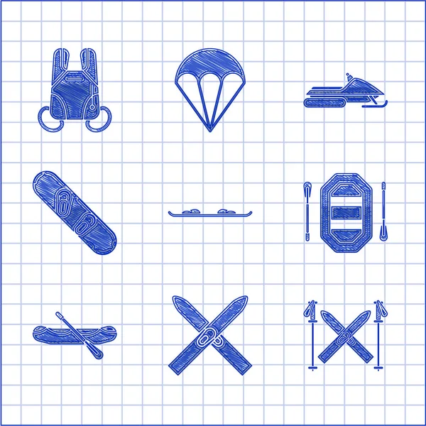 Definir Snowboard, Ski e paus, Rafting barco, Snowmobile e ícone de paraquedas. Vetor — Vetor de Stock
