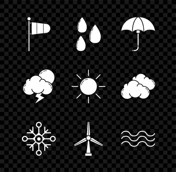 Set meteorologia cono palette eoliche, goccia d'acqua, classico ombrello aperto elegante, fiocco di neve, turbina eolica, Onde, Tempesta e icona del sole. Vettore — Vettoriale Stock