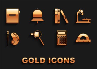 Ölçüm dereceleri, hesap makinesi, paletli boya fırçası, ofis dosyaları ve belgeleri, Not defteri ve zil simgesi için büyüteç, mikroskop, açıölçer ızgarası ayarlayın. Vektör