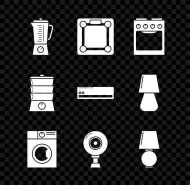 Blender, Banyo terazisi, fırın, çamaşır makinesi, web kamerası, masa lambası, çift ısıtıcı ve klima ikonu. Vektör