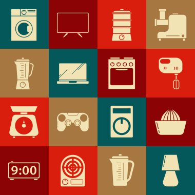Masa lambası, meyve sıkacağı, elektrikli karıştırıcı, çifte kazan, dizüstü bilgisayar, blender, çamaşır makinesi ve fırın ikonu. Vektör