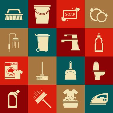 Elektrik demiri, klozet, sıvı bulaşık deterjanı için plastik şişeler, köpüklü sabun, çöp tenekesi, duş başındaki su damlaları, fırça temizleme ve su musluğu ikonu. Vektör