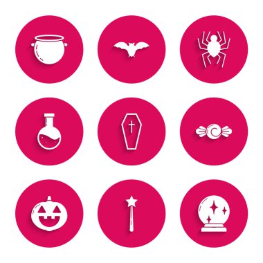 Tabut 'u Hıristiyan haçı, sihirli değnek, top, şeker, balkabağı, şişe iksiri, örümcek ve cadılar bayramı cadı ikonu ile ayarla. Vektör