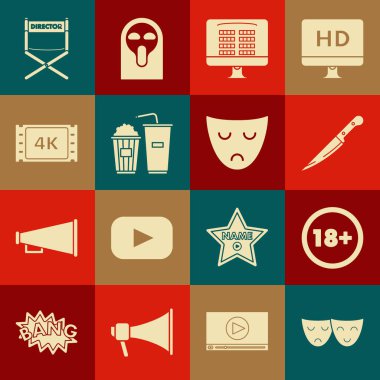 Komedi ve trajedi maskeleri, 18 yaş altı, Bıçak, sinema bileti online, patlamış mısır, soda bardağı, 4k film, kaset, çerçeve, yönetmen koltuğu ve tiyatro ikonu. Vektör