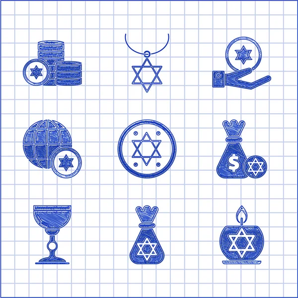 Set de moneda judía, bolsa de dinero con estrella de David, candelabro de vela ardiente, copa, World Globe Israel, mano e icono. Vector — Vector de stock